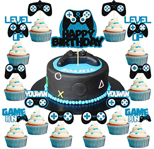 Tortendeko Geburtstag Junge, Videospiel Torten Deko, Gamer“Happy Birthday”Cake Topper, Kuchen Deko Video Gaming Spiel, Playstation Cupcake Topper, für Kinder Party Dekoration
