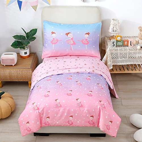 Styho Dancing Girls Print Duvet Cover Set Blue Purple Pink Gradient Comforter Cover for Toddler/Junior/Cot Reversible Stars Pattern Cot Bed Quilt Cover(Blue/Purple/Pink, Cot Bed)