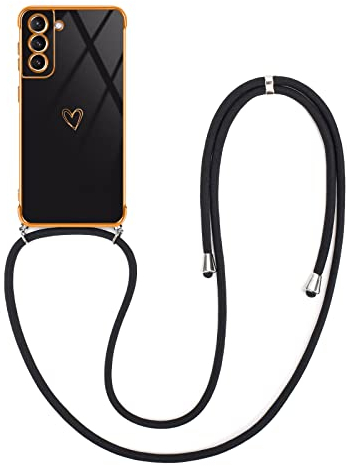 Newseego Handykette Kompatibel mit Samsung Galaxy S21 5G Hülle für Mädchen Frauen, Süße Herz Muster S21 Hülle mit Umhängeband Goldener Rand Silikon Stoßfest Schützend Handyhülle Samsung S21-Schwarz