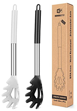 BUNDLEPRO Pack of 2 Silicone Pasta Fork, Kitchen Heat Resistant Noodle Spoon Server, BPA Free Spaghetti Strainer,Best Cooking Tools (BLACK-WHITE), FB-109-BW