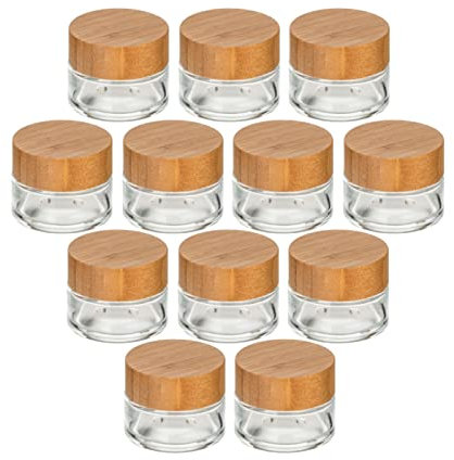gouveo Lot de 12 pots de crème 15 ml en verre avec couvercle en bois - pot de crème vide à remplir - petits pots pour crème, cosmétiques, lotion - parfaits pour le voyage et le sac à main (CTT015BM)