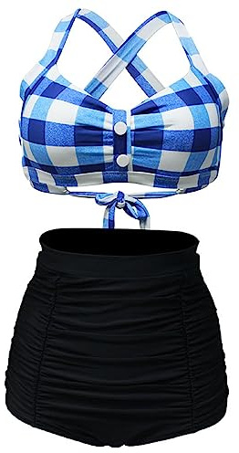 Bslingerie® Women Halter Retro High Waisted Bikini Swimsuit 2 Pcs Set (XXL, Blue Checkered)