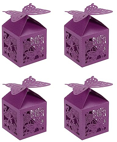 PATIKIL Geschenkschachteln, 5,1 x 5,1 x 7,9 cm, lasergeschnittene Papierschachteln, Schmetterlings-Geschenkbox für Hochzeit, Brautparty, Geburtstag, Party, Jahrestag, Lila, 25 Stück
