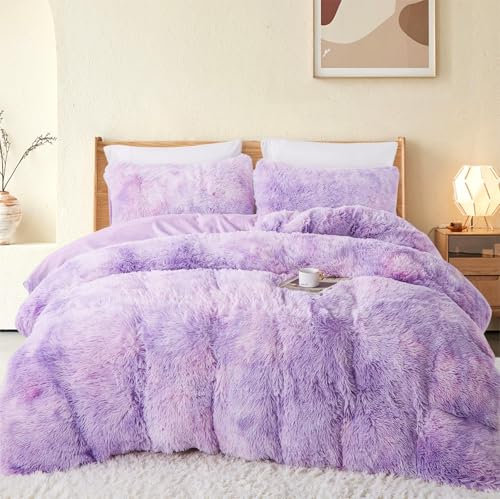 Freyamy Plüsch Bettwäsche 220x240cm Violett Langhaar Kunstfell Flauschig Winterbettwäsche Flanell Samt Biber Warme Deckenbezug Cashmere Touch Bettbezug mit Reißverschluss und 2 Kissenbezug 80x80cm