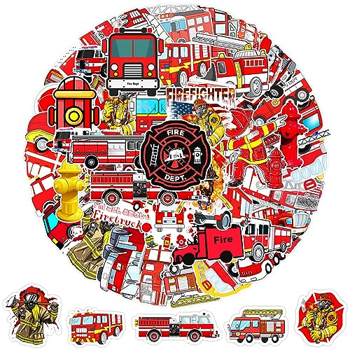 YUNYAN 100 Stücke Feuerwehr Sticker Feuerwehrauto Aufkleber für Kinder wasserdichte und Wiederverwendbare Fire Truck Deko für Auto Skateboard Computer Koffer Feuerwehrparty Mottoparty