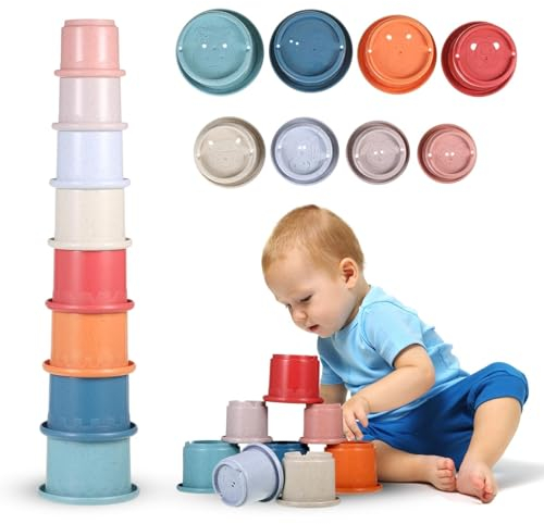 KWJEIULSOQ Stapelturm Baby Stapelbecher Montessori Spielzeug Stapelturm Ab 1 Jahr Stapelwürfel-Sicherheitssilikon-Sandspielzeug Becher Antriebsobjektmuster für Jungen & Mädchen (A) (C)