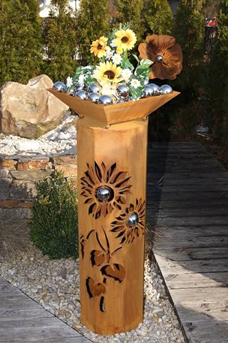 JH-Metalldesign 8-Eck Säule Sonnenblume + Schale Classic Edelrost Rost Metall Gartendeko Garten Stele