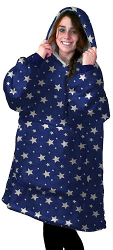 Novia Fluffy Plaid Felpa con Cappuccio, Coperta indossabile Donna Vestaglia Giacca Oversize Uomo Invernale Molto Calda in Pile e Interno agnellato Taglia Unica Stelle Blu