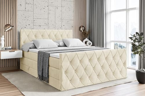 ALTDECOR Boxspringbett mit Matratze und Lattenrost, Topper, Fußteil, Polsterbett mit Bettkasten, Bett mit Stauraum H3- und H4- Matratze,Springboxbett - Amay King - 180x200 - Beige Monolith 04