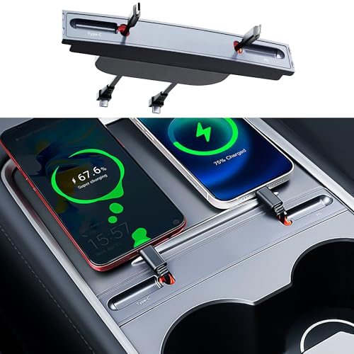Leikaendi USB Hub Ladegerät für Tesla Model 3 2021-2023 und Model Y 2021-2024 mit 2 einziehbarem Datenkabel, Unterstützung Schnellladen, Mittelkonsole Telefon Ladegerät OEM Docking Station Zubehör