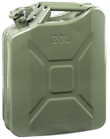 WALSER Benzinkanister Metall 20 Liter, Diesel Kanister Metall UN-zertifiziert mit Sicherheitsverschluss, Benzin Kanister, Kraftstoffkanister Metall, Benzinkanister aus Metall olivgrün 46x37x16 cm