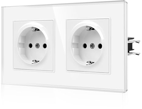 CNBINGO Schuko Doppelsteckdose mit Krallen - Zweifach Wandsteckdose mit Glasscheibe - 16Amp EU-Standard Steckdose Unterputz mit Kindersicherung - 2 Fach Weiß