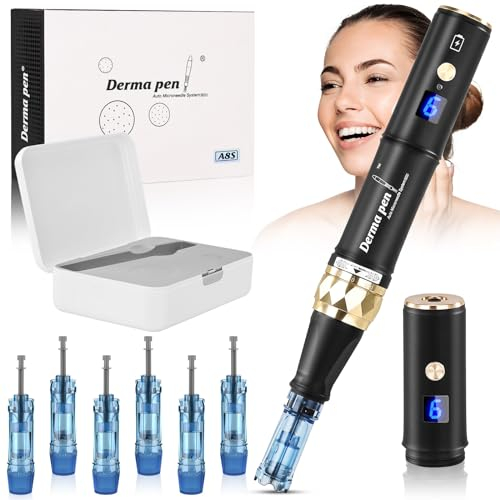 TopDirect Dermapen Profesional, Dr Pen A8S Microneedling, Derma Pen Eléctrico Auto Recargable para Facial y Cuerpo, 0-2,5 mm Ajustable con 6 Niveles de Velocidad, 6 unidades Agujas Dermapen