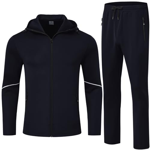 donhobo Herren Tracksuits Sportswear Jogginganzug Trainingsanzug Hooded Jacke Casual Hose Sweatshirt Sportanzug, Dunkelblau, L