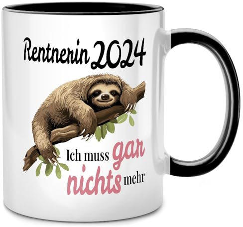 Seness Rentnerin 2024 Ich muss gar nichts nichts mehr, Tasse mit Spruch Faultier, Ruhestand Geschenk für Anfänger, Rentner Geschenk Frau, Rente Geschenke (Schwarz)