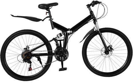 26 Inch Mountain Bike Folding Bicycle for Adults 21 Speed Height Adjustable With Mudguards and Transmission Mens and Womens Foldable Mountain Bicycle,With Anti Slip Handle and Reflective Light(Black)
