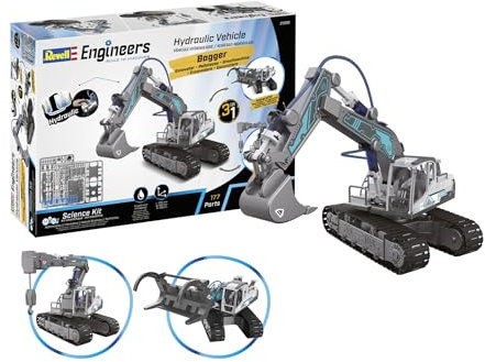 Revell Kit de Pelleteuse 3 en 1 I Excavatrice hydraulique, Grue et Chargeur à Bois I 177 pièces I Entraînement mécanique par chaîne et Fonctions hydrauliques I Montage Facile sans Colle I pour Les