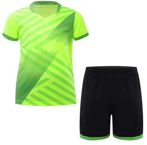 dPois Jungen Zweiteiliger Sportanzug Kurz Fussball Trikot Trainingsanzug Set Sportshirt Oberteil mit Sporthose Kurz Kinder Sportkleidung Neon Grün 158-164