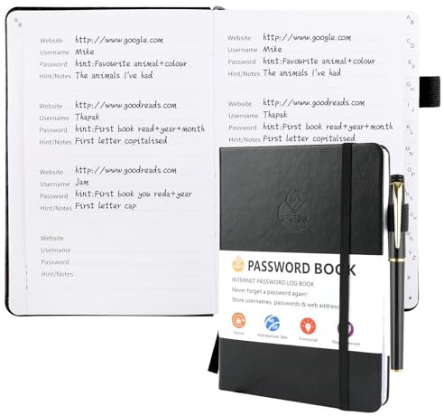 Deepton Passwort Buch, Passwortbuch mit Register A-Z, Password Book mit Adressbuch, Notizbuch mit Register, Passwortbuch mit Innentasche, Telefonbuch mit Register, Passwort Manager - Schwarz