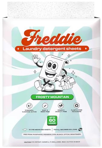 Freddie Waschmittelblätter – Frostiger Bergduft – 60 Waschladungen (30 Blatt) – konzentrierte, umweltfreundliche, flüssigkeitslose Streifen