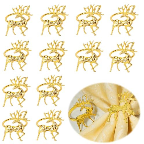 Lelang 12 Stück Weihnachten Rentier Serviettenringe, 6CM Golden Serviettenring für Tischservietten, Hirsch Serviettenschnallen Halter Serviettenringe für Weihnachten Thanksgiving Hochzeit Party