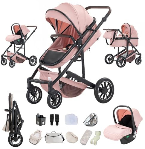 Zkiprm Passeggino 3 in 1, Sistema di Viaggio Con Seggiolino Auto, Carrozzina e navicella, Braccioli Regolabili, Copertura antipioggia, Zanzariera, Guanti, Telaio in alluminio,Per bambini da 0 a 4 anni