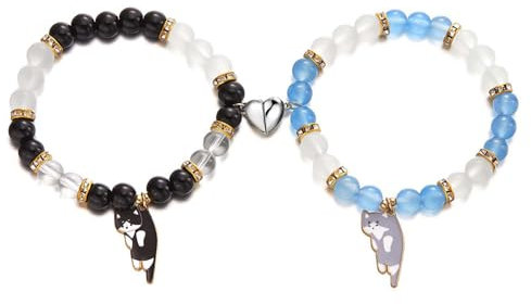 FDEETY 2 Stück Pärchen Armband Partnerarmbänder Magnetische Herzförmige Katze Anhänger Partner Armbänder Perlen Freundschaftsarmbänder Blau + Schwarz
