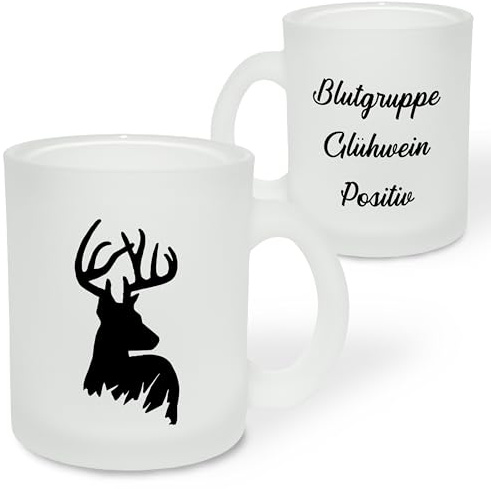 True Statements Geschenk für Glühwein-Fans: Glastasse „Blutgruppe Glühwein Positiv“ mit Rentier-Motiv - Geschenkidee Weihnachten & Adventszeit - Glastasse satiniert, ca. 300ml
