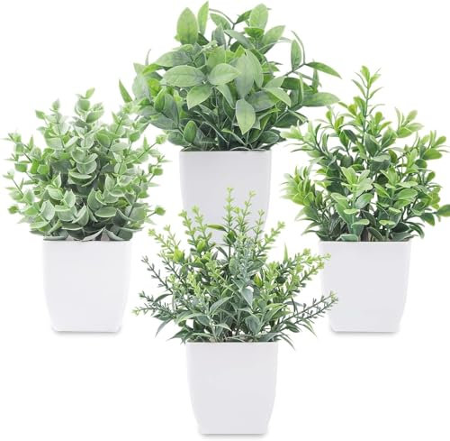 Koksi 4-Pack Artificial Countertop Plant with Pots - Realistic Green Plants Flowers - Indoor & Outdoor Faux Greenery for Home Decoration, Living Room, Bedroom (4-Pack Countertop)