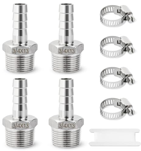 Josaton Barb Hose Fitting 4Pcs Stainless Steel 3/4” Male x 13mm Barb, Hose Barb Connector with Hose Clamp 4 Set Barb Pipe Fitting for Air Water Fuel