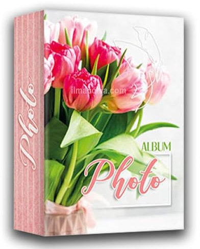 Album Fotografico con Tasche 13x19, Design Floreale con Tulipani Rosa | Porta Foto 200 Scatti nei Formati 13x18 e 12x18, per Viaggi, Nascite e Ricordi Speciali (Tulipani)