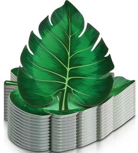 Motipuns 100 Pcs 9 Inch Plates Hawaiian Themed Paper Plates Disposable Party Decorations for Tropical Luau Party Beach Birthday Summer Holiday Dinner Pool Picnic Supplies (Palm Leaves)