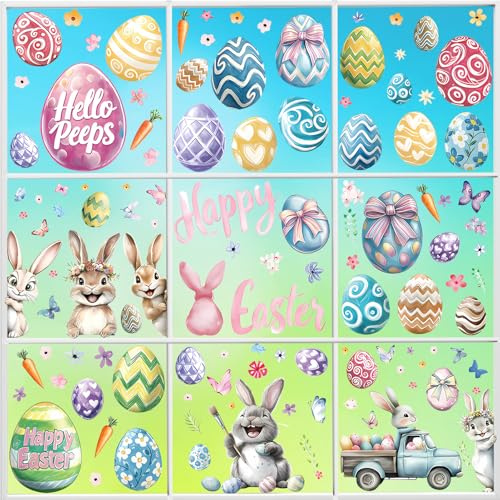 GreenYeah Ostern Fensterbilder, 9 Blatt Oster Aufkleber Fenster, Fenstersticker Oster Selbstklebend, Fenstersticker Ostern Deko, Hasen Ostereier Fensterbilder für Osterdeko und Frühling Deko