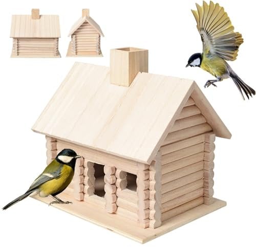 Kit de cabaña de troncos 7.7x5.9x7.3 '' Casa para pájaros de Paulownia transpirable y transmisora de luz Casa para pájaros de madera colgante pulida suave para pájaros que toman refugio Casa para pája