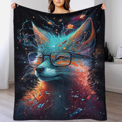 GQmoney Fuchs mit Brille, Pärchendecke, Plüsch-Sherpa-Gewichtsdecke für Sofa, 150 x 200 cm