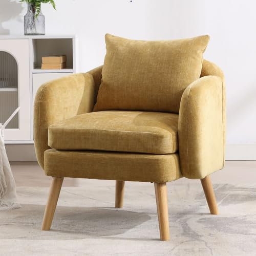 Ya-Home Moderner Sessel aus Chenille Einzelsofa Wohnzimmer Loungesessel mit Armlehnen gepolsterter Armlehnensessel Ohrensessel mit Holzbeinen, Gelb