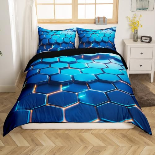 Loussiesd Honeycomb Bettwäsche Set 135x200cm Blau 3D Geometric Pattern Betten Geometrical Beehive Bettbezug Realistic Drucken Bettwäsche-Set Sechseckige Moderne Kunst
