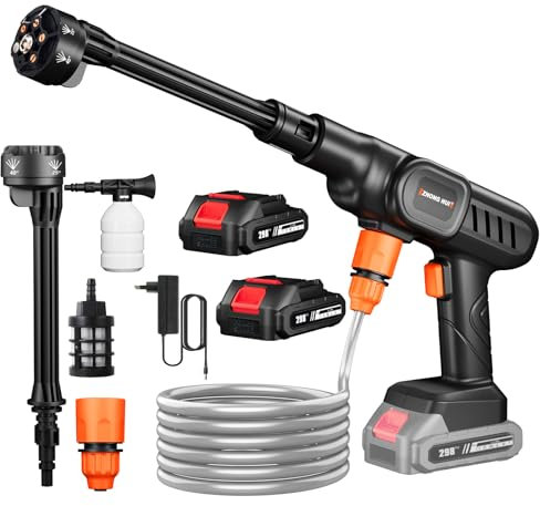 Purova Hochdruckreiniger mit Akku, 21 V, max. 60 bar, Hochdruckreiniger mit Press & Clean Pistole, 5 m Schlauch, verstellbare 6-in-1-Düse, Schaumkrug (mit 2 Akkus mit 4000 mAh)