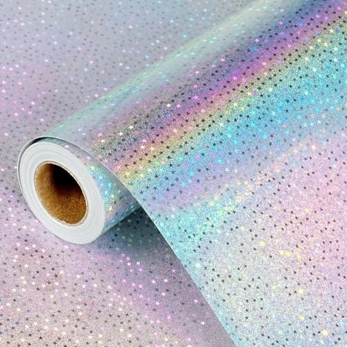 Silber Holografisches Geschenkpapier, Sterne Geschenkpapier Rolle für Kinder und Erwachsene, Bunte Metallic Folie Geschenkverpackung Papier für Geburtstag, Muttertag, Weihnachten, 43CM X 10M