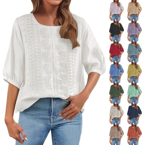 Green Tops for Women UK Summer Retro 3/4 Sleeve Tunic Top Loose Baggy T-Shirts Plus Size Lightweight Linen Flowy Boho Tee Blouse Buy Again My Orders