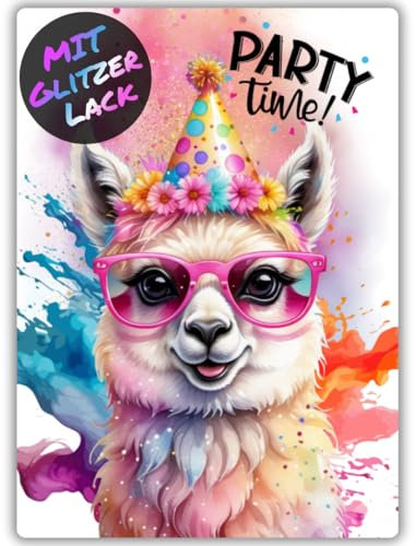 celebr8te 12x Party Lama Glitzer Einladungskarten - Teenager Kindergeburtstag Jungen & Mädchen - coole Tier Geburtstagseinladungen inkl. Messenger Bild & Urlaubsgutschein