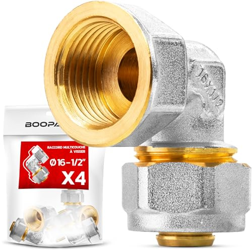 BOOPARTS – 4 Pièces – Raccord Multicouche à Visser Ø16–1/2 Femelle | Coude à 90° pour Tuyaux Multicouches PEX, PER et Composites | Connexion Fiable et Résistante