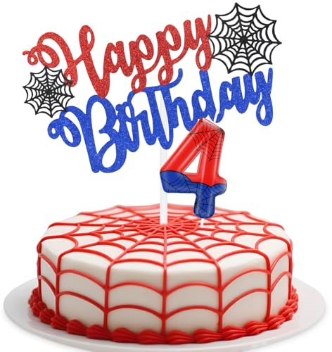 mciskin Spider Birthday Candles Set,Blue Red Number 4 Candle for Cake,4th Birthday Decorations for Boys,Blue Red Candles Cake Toppers with Black Spider Web for Girls Boys Birthday Party Supplies