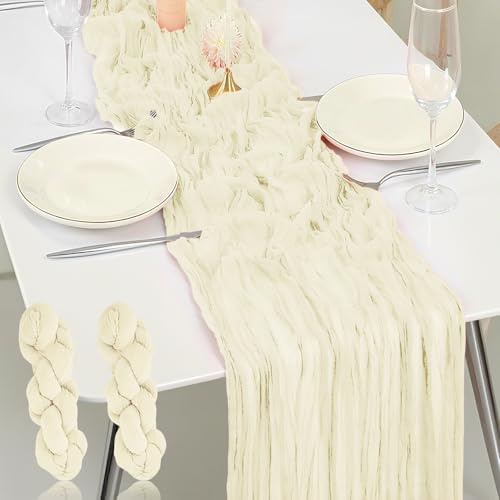 Seihtuch Tischläufer, 2 Stück Rustikaler Gaze Stoff, 80 x 300 cm Rustikaler Durchsichtiger Läufer für Boho Hochzeit Dekoration Geburtstagsparty(Beige)