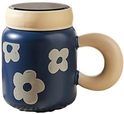 HUMOCHUSON Personalised Mug Oil Painting Style Retro Ceramic Floral Mug with Lid and Spoon, Dishwasher and Microwave Safe - Small Flowers - Mirror Cover
