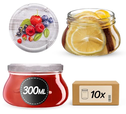 KADAX Marmeladengläser 300 ml mit fi82 mm Schraubdeckel, kleine Einmachgläser für Honig und Gewürze, Marmeladengläser mit Deckel, Luftdichte Gläschen zum Verschenken (Himbeeren, 10 Stück)