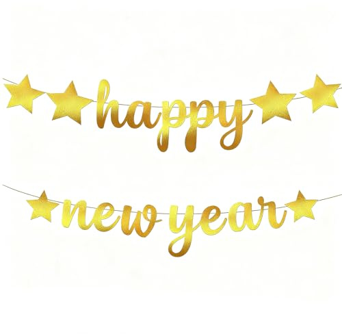 Silvester Deko 2027 Banner, Happy New Year Sterne Banner | Glitzer Gold, Neujahr Party Hängende Deko Girlande, für Silvester Weihnachtsfeier Home Bar Outdoor Party Dekorationen