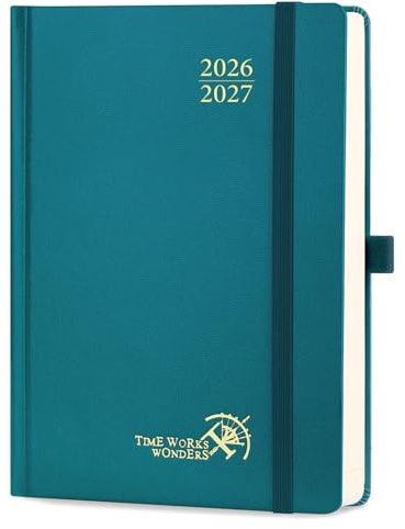 POPRUN Tagesplaner 2026 2027 Hardcover ca.A5(14 x 20,9cm) Aug.2026-Jul.2027 | Tageskalender 1 Tag 1 Seite,(Montag - Sonntag),Terminplaner,mit Stiftschlaufe(Pazifikgrün)