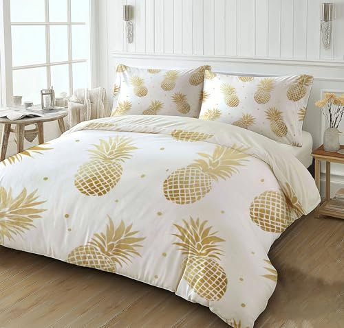 GSAEIMCT Bettwäsche 240X220Cm Ananas Mit Polka-Dots 3 Teilig Kinderbettwäsche Set Mikrofaser 3D Goldweiß Böhmische Pflanzen Bettbezug Und Kissenbezug 80X80Cm Für Kinder,Jungen,Jugendlich