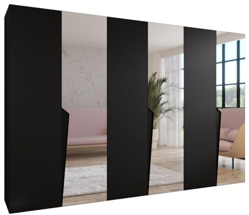MEBLE KRYSPOL - Kleiderschrank - Garderobenschrank - 300 cm x 202 x 52 cm - Schrank mit Kleiderstange und Spiegel, 6 Türen - für Schlafzimmer, Flur - Piano, Schwarz, Griff Schwarz